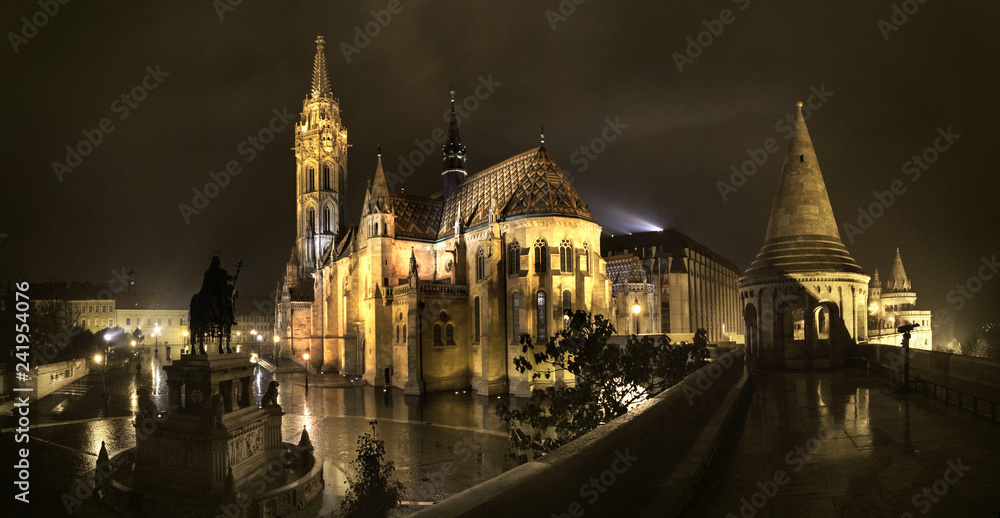 Night panoramic view of the Matthias Temple in Budapest, Hungary 
