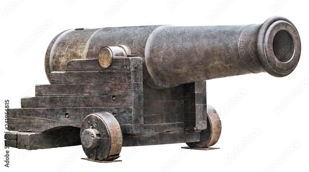 Heavy Cast Iron Fortification Smoothbore Carronade Mounted On Garrison Carriage Isolated On White Background Heavy Cast Iron Fortification Smoothbore Carronade Mounted On Garrison Carriage Isolated On White Background