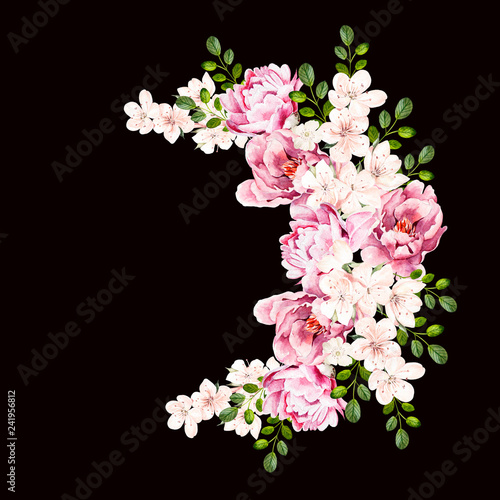 Beautiful bright watercolor bouquet wih peony flowers.