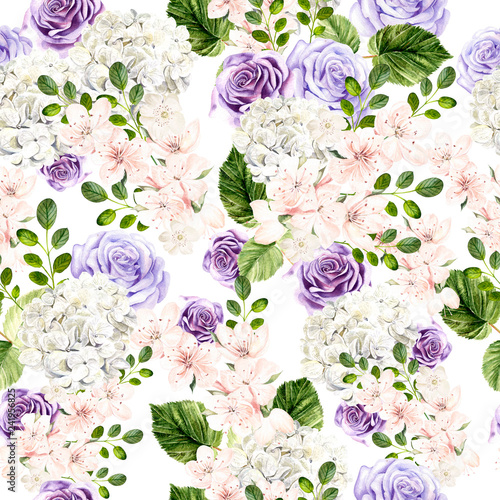 Beautiful watercolor bright pattern with roses, hudrangea and spring  flowers.