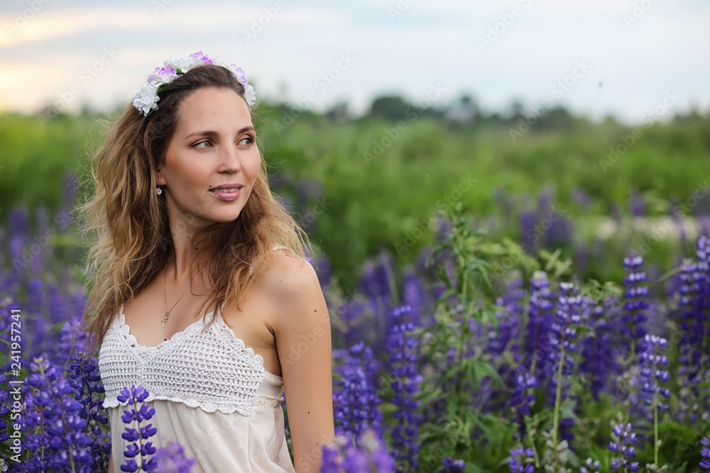 Girl with a bouquet of blue flowers Girl with a bouquet of blue flowers