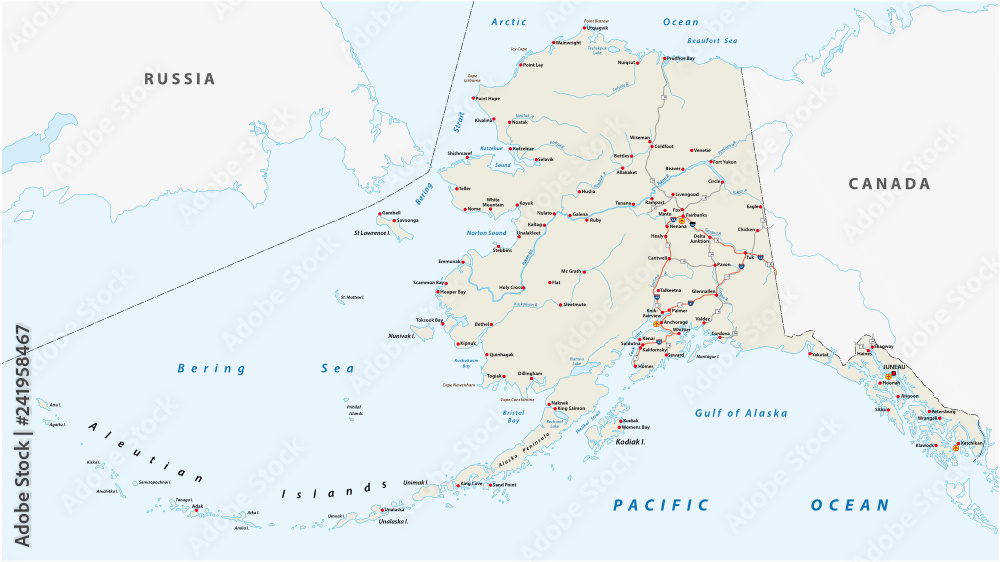 Vector road map of the North American state of Alaska, United States of America