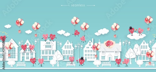 Valentines day, wedding, engagement, love, Seamless white houses street, hearts