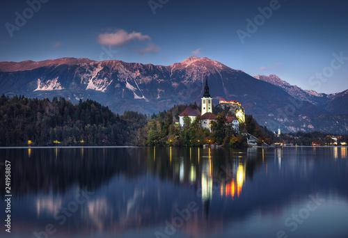 Lake Bled with St. Marys Church of the Assumption on the small island  Bled, Slovenia, Europe. © ValentinValkov