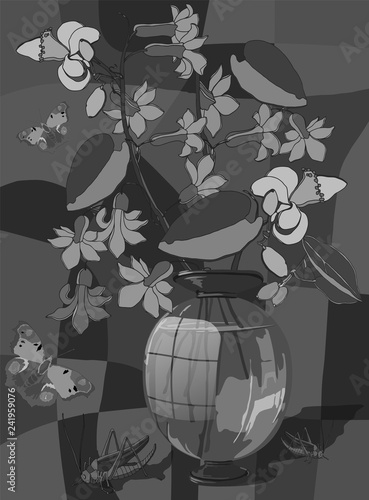 Hand-drawn still life in art Nouveau style.