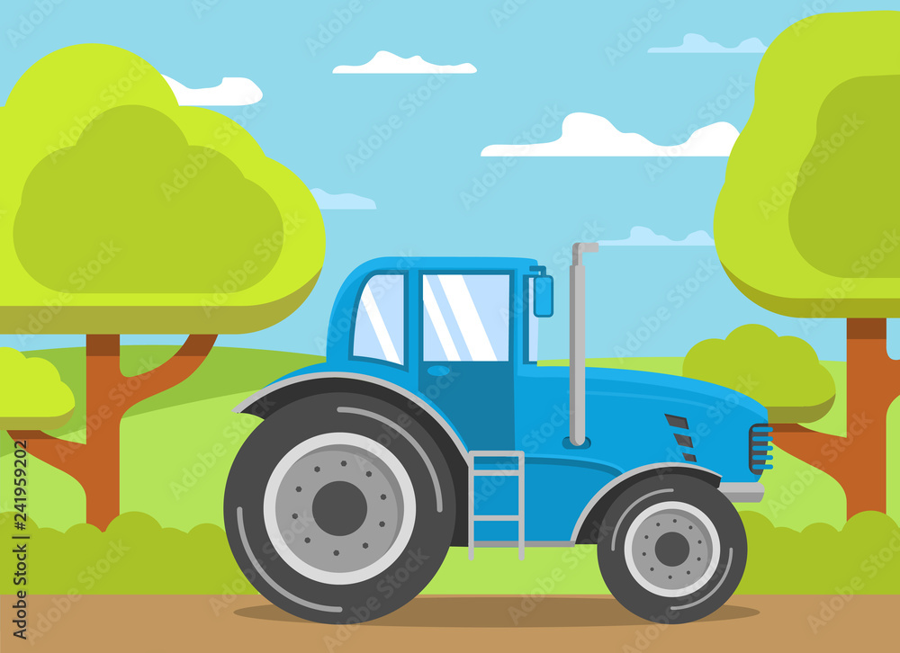 Fototapeta premium Tractor farmer.Rural landscape.Trees hills.Rural scene. Flat vector.