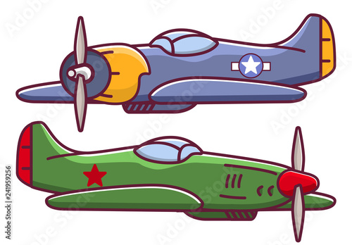 Old military aircraft fighter american.World war 2 Airplanes of USA and Russian.The flat vector isolated.