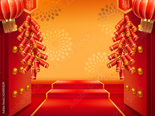Doors with fireworks or entrance with lanterns, red carpet on stairs, ladder and flowers at wall. Chinese or korean, japanese entry with firecrackers and light. Buddhist pavilion decorated for holiday