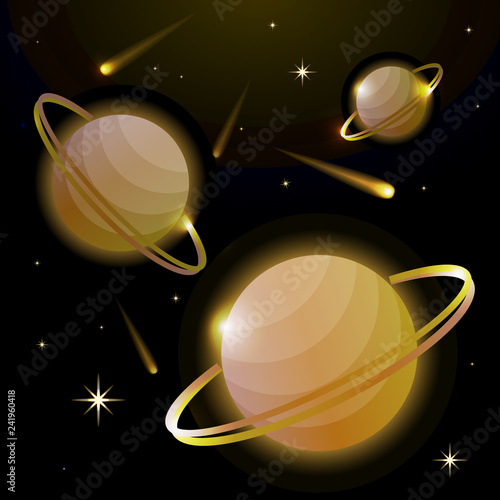 Fantastic space background with planets with ring, stars and comets. Astronomy and space, celestial objects, astrology and the universe, the space of galaxies and cosmic lights. Vector illustration.