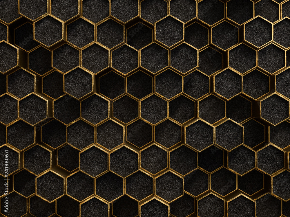 Gold and black geometric hexagon pattern, golden rough texture metallic background, 3d rendering - obrazy, fototapety, plakaty 