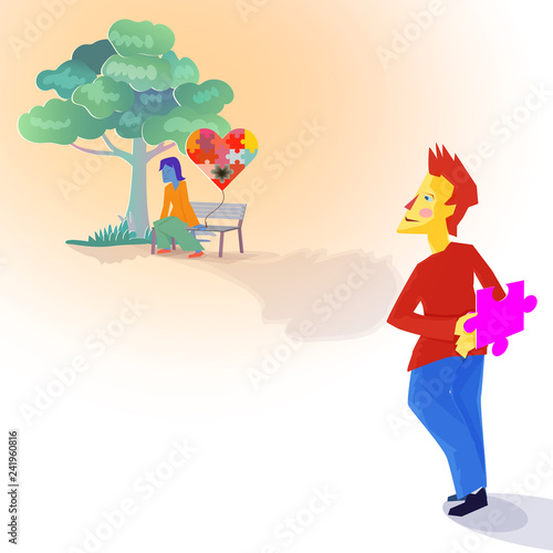 Man holding piece of jigsaw to complete heart jigsaw of girl, concept for fulfill love.