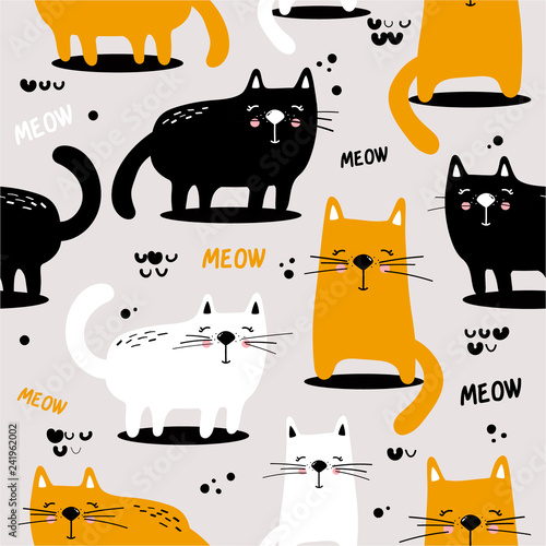 Happy cats, hand drawn backdrop. Colorful seamless pattern with animals. Decorative cute wallpaper, good for printing. Overlapping background vector. Design illustration