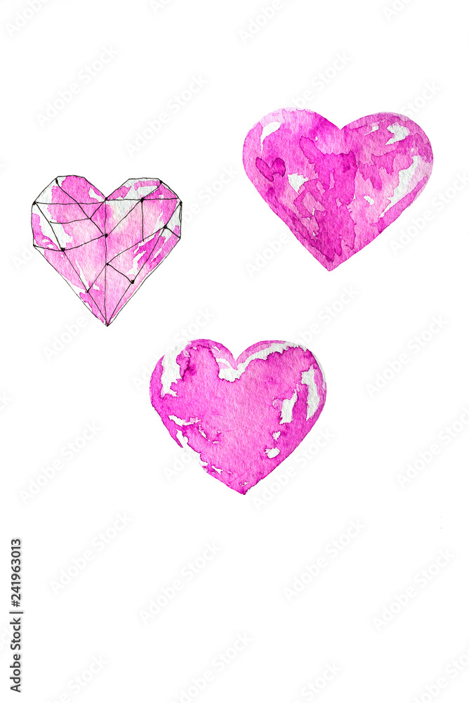 Watercolor valentine illustrations hearts isolated on white, copy space