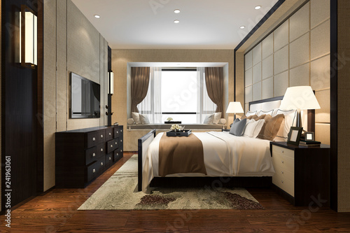 3d rendering beautiful luxury bedroom suite in hotel with tv