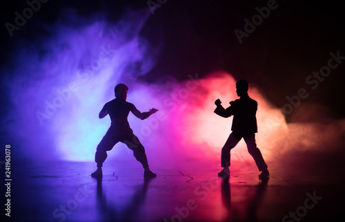 Karate athletes on the background of the Japanese flag.Character karate.silhouettes on a white background. Sports Scramble. © zef art