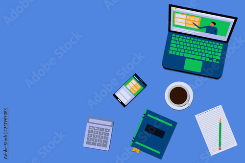 Online education background. Web design template with notebook  hands  phone and coffee. Vector illustration