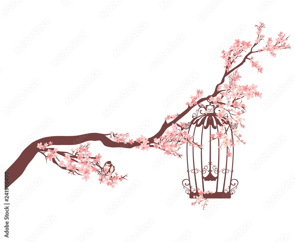 Fototapeta premium open bird cage among blooming cherry tree branches - spring season nature vector design
