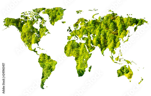 World map made of green forest on white background