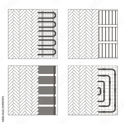 Set of type heating floor with top cover. Infrared, electrical cabel, water pipe. Vector flat