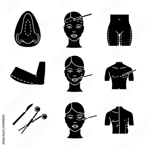 Plastic surgery glyph icons set