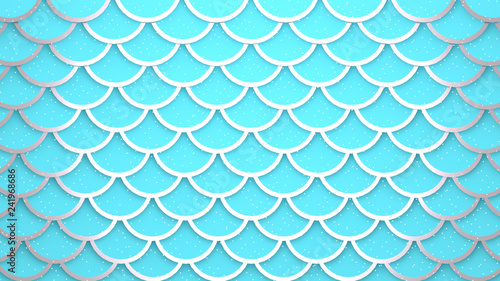 Silver light blue fish scales cells pattern marine background 3D illustration