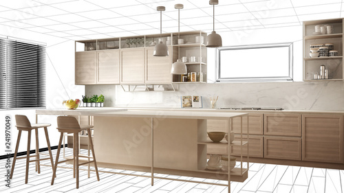 Interior design project draft  work in progress concept idea  real modern white and wooden kitchen in sketched background  architect designer project desktop screen-shot