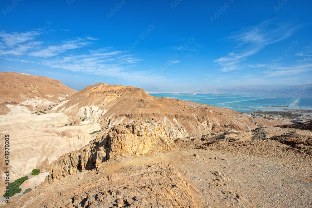 View of Judean desert landscape and Dead sea.
