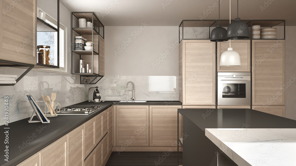 Modern white and gray kitchen with wooden details and parquet floor, modern pendant lamps, minimalistic interior design concept idea, island with stools and accessories Modern white and gray kitchen with wooden details and parquet floor, modern pendant lamps, minimalistic interior design concept idea, island with stools and accessories