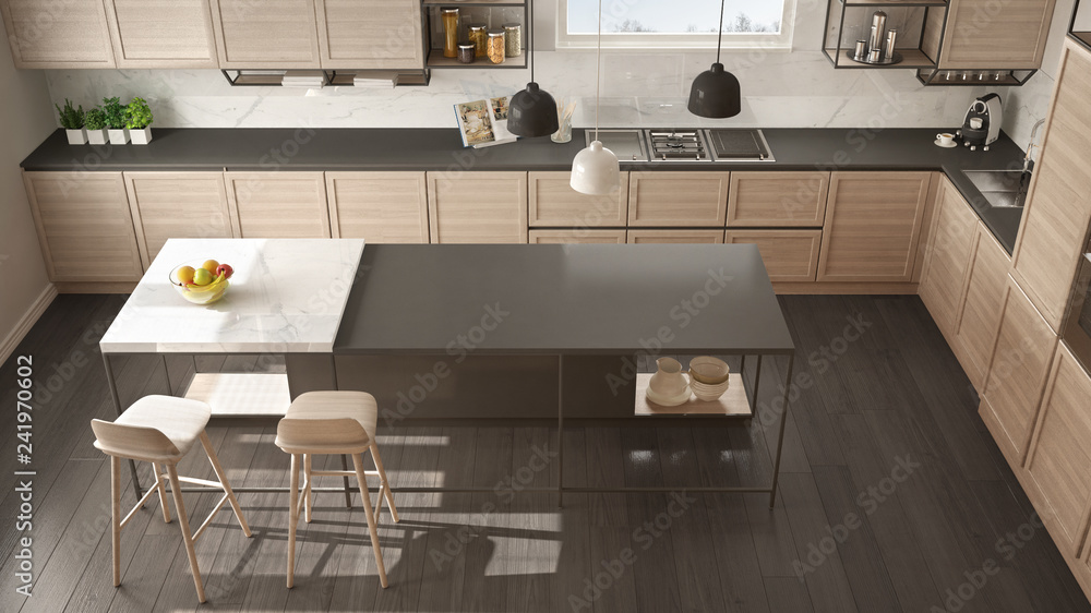 Modern white and gray kitchen with wooden details and parquet floor ...