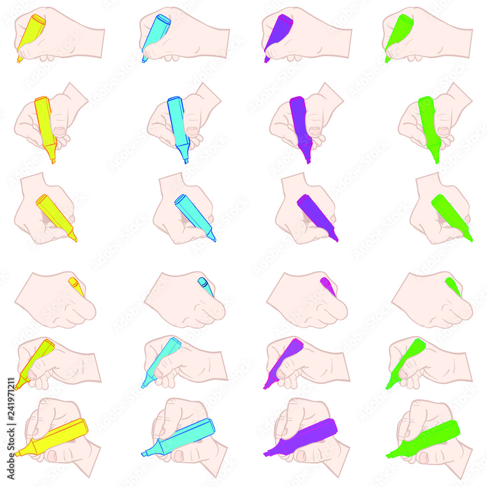Collection of hand-drawn white men's hands holding a highlighter in different positions and colors. yellow, blue, green, pink, vector graphics.
