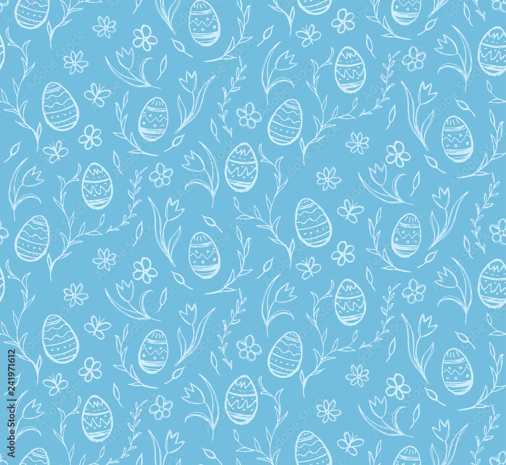 Seamless pattern sketches of easter eggs and flowers on a blue background.