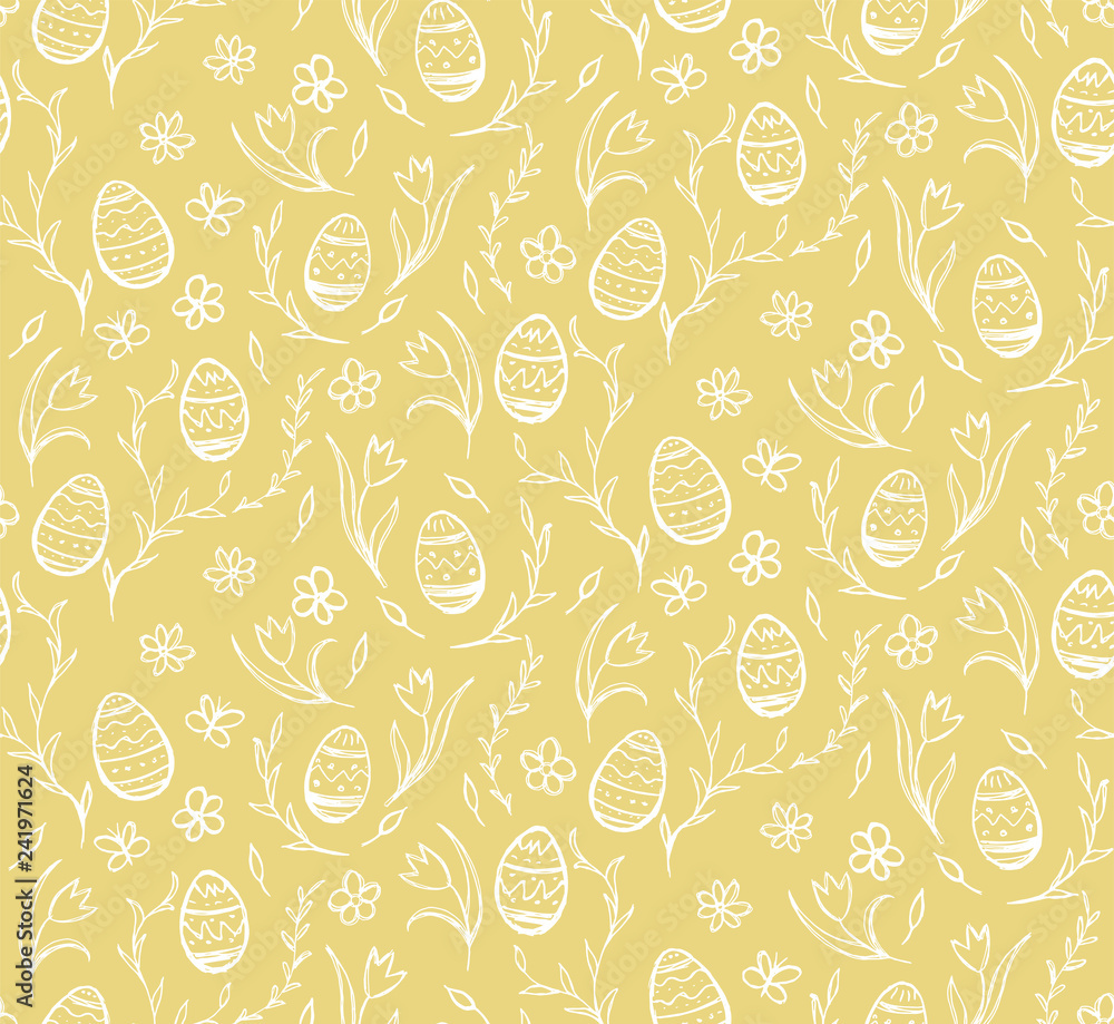 Seamless pattern sketches of easter eggs and flowers on a yellow background.