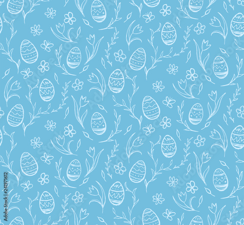 Seamless pattern sketches of easter eggs and flowers on a blue background.