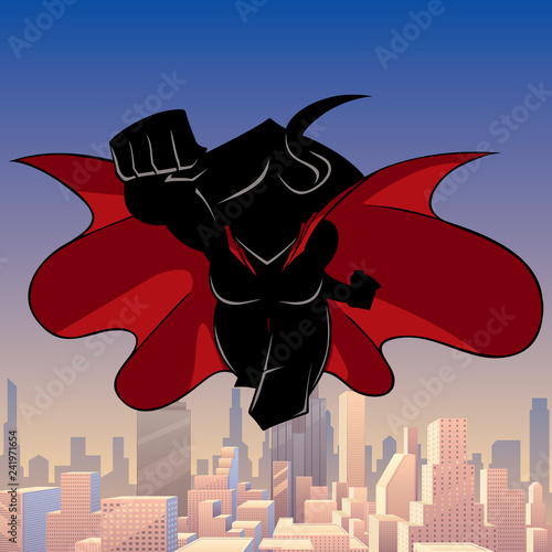 Front view silhouette illustration of determined and powerful superheroine wearing red cape while flying over city.