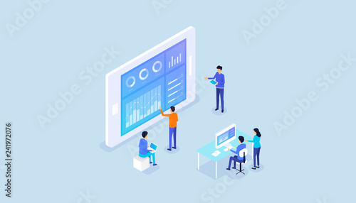 isometric  business analyst team on report graph dashboard monitor and  business team working meeting concept