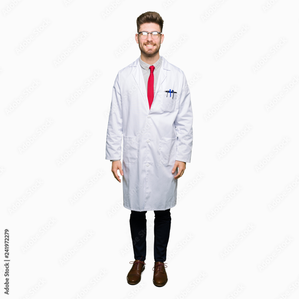 Young handsome scientist man wearing glasses with a happy and cool smile on face. Lucky person. Young handsome scientist man wearing glasses with a happy and cool smile on face. Lucky person.