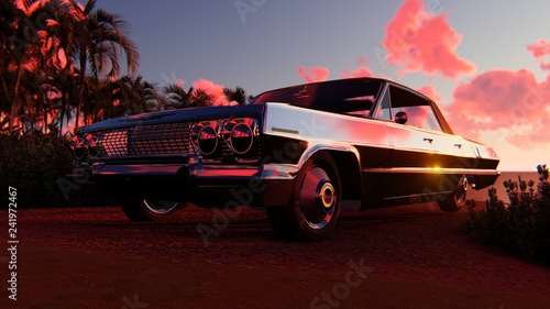 The image of the car against a sunset 3D illustration
