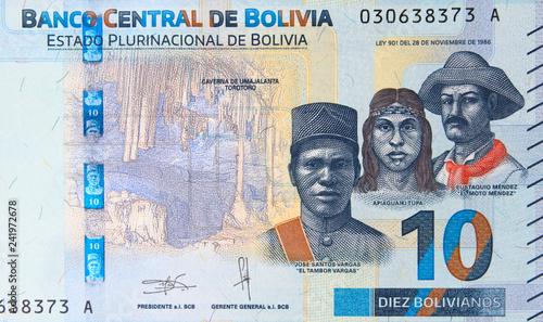 Bolivia 10 bolivianos (2018) banknote, Bolivian money currency close up. Bolivia economy. photo