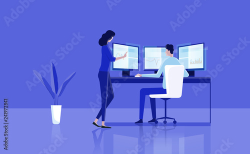 flat illustration business team analyzing financial and investment graph on dashboard monitor  concept