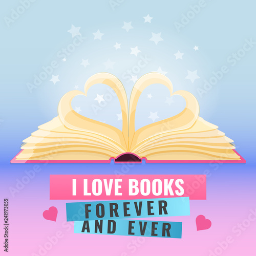 Open book with page decorate into a two hearts shape for love in Valentines day. Romantic reading, I love books concept. Vector illustration