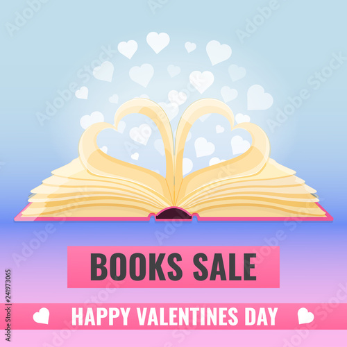 Open book with page decorate into a two hearts shape for love in Valentines day. Romantic reading, books sale concept. Vector illustration