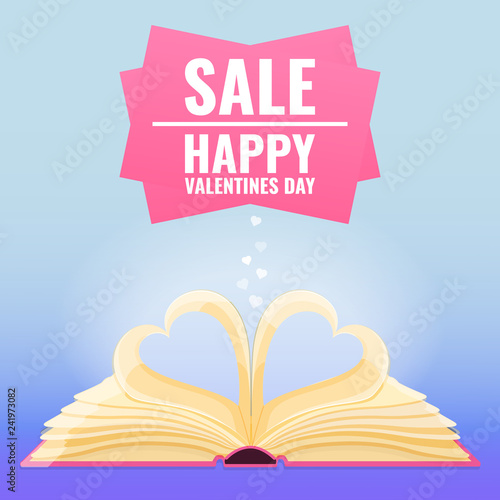 Open book with page decorate into a two hearts shape for love in Valentines day. Books sale for Valentines Day concept. Vector illustration