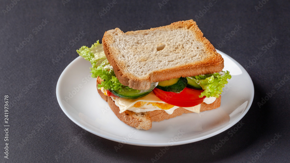 Homemade sandwich made of toast bread, fried egg, melted cheese, tomatoes, cucumber, lettuce, burgers and mayonnaise sauce. Sandwich on a white plate, on a black background. Homemade sandwich made of toast bread, fried egg, melted cheese, tomatoes, cucumber, lettuce, burgers and mayonnaise sauce. Sandwich on a white plate, on a black background.
