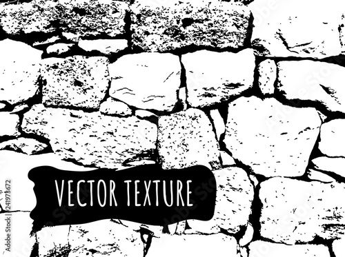 Stone brick wall vector texture. Black and white trace Monochrome grit, aged effect. Grunge vintage