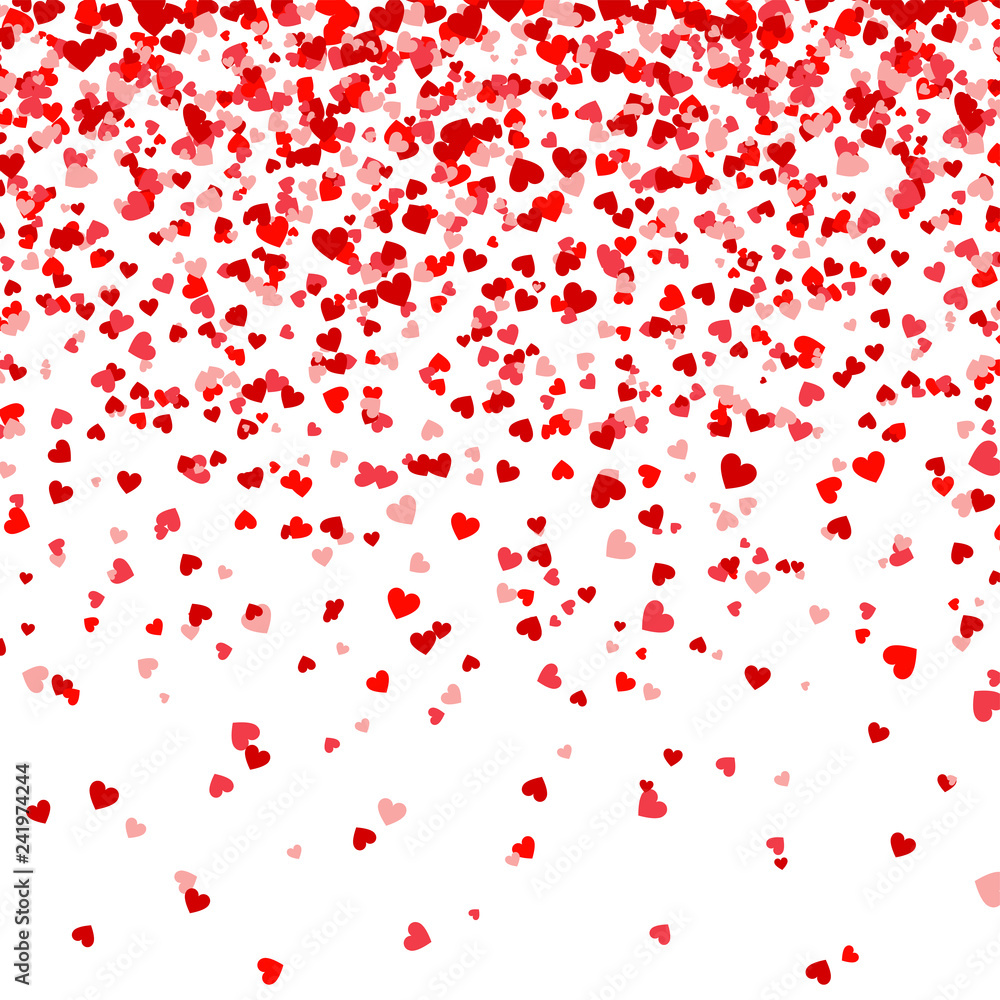 Valentines Day Falling Red Hearts On White Background. Heart Shaped Paper Confetti. February 14 Greeting Card.