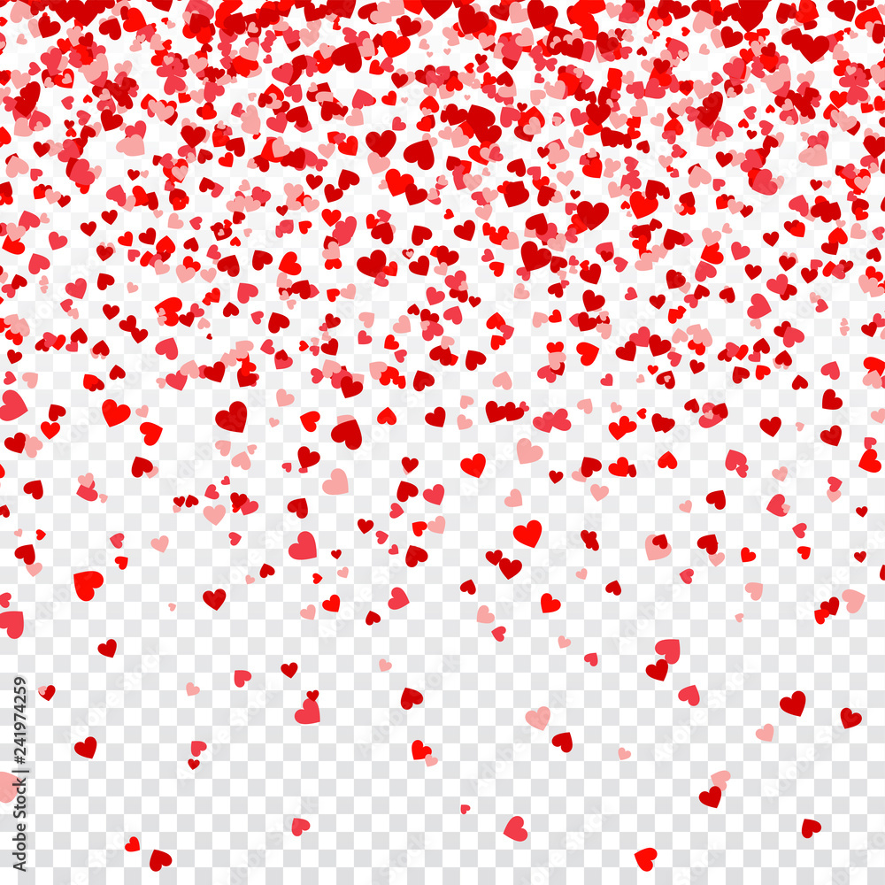 Valentines Day Background With Falling Red Hearts. Heart Shaped Paper Confetti. February 14 Greeting Card.