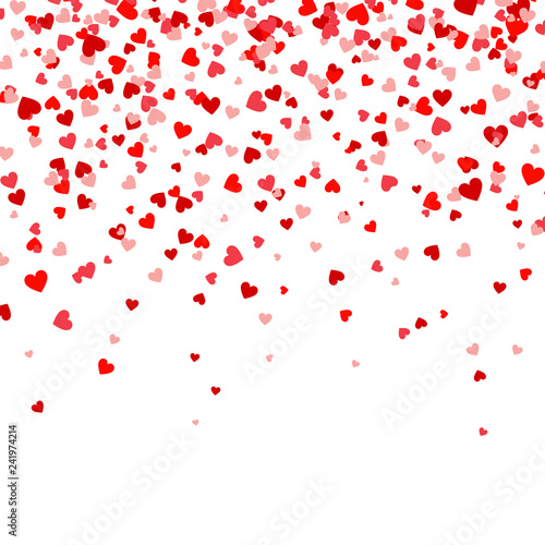 Valentines Day Falling Red Hearts On White Background. Heart Shaped Paper Confetti. February 14 Greeting Card.