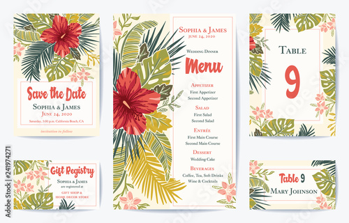 Vector Retro Floral Exotic Tropical Wedding Save the Date, Menu Card Set. See portfolio for matching invitation set