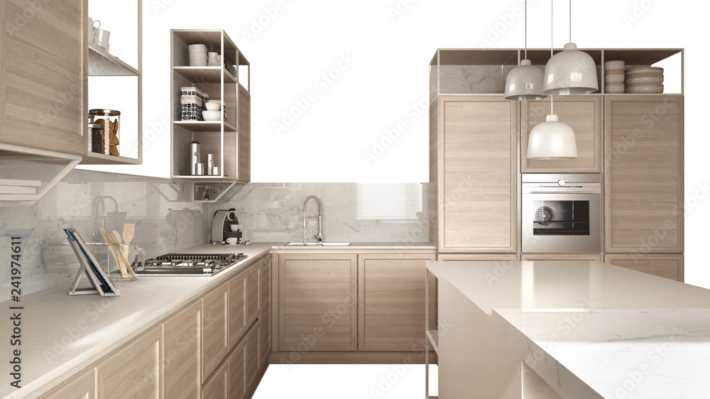 Modern white kitchen with wooden details, island with stools, interior design concept idea, isolated on white background with copy space, minimalist furniture Modern white kitchen with wooden details, island with stools, interior design concept idea, isolated on white background with copy space, minimalist furniture