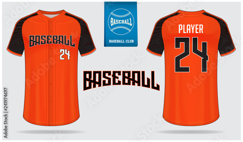 Baseball jersey, sport uniform, raglan t-shirt sport, template design. Baseball t-shirt mock up. Front and back view baseball uniform. Flat baseball logo on blue label. Vector Illustration.